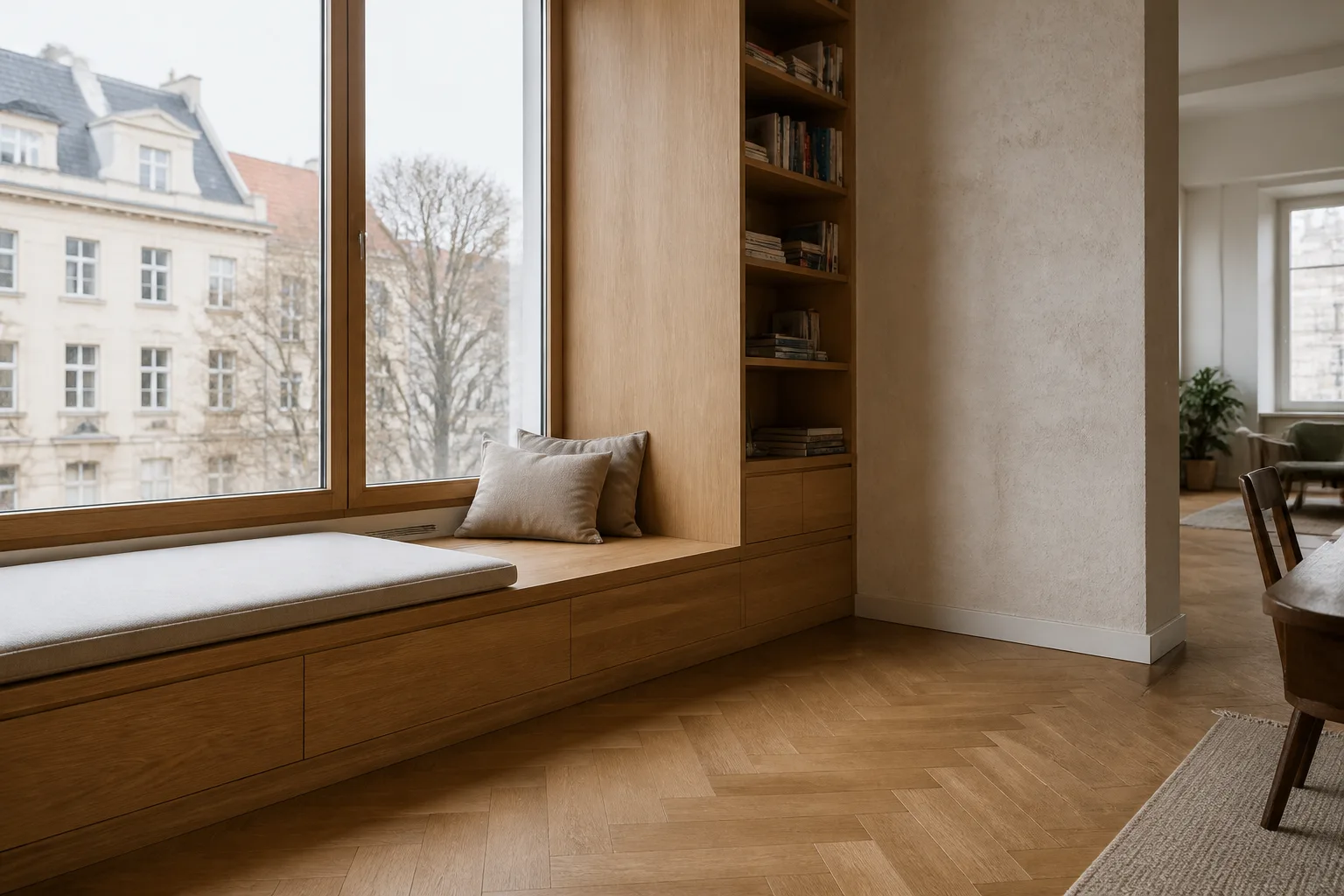 Fest eingebaute Fensterbank aus Holz mit Stauraum, Regal und mineralischer Wand